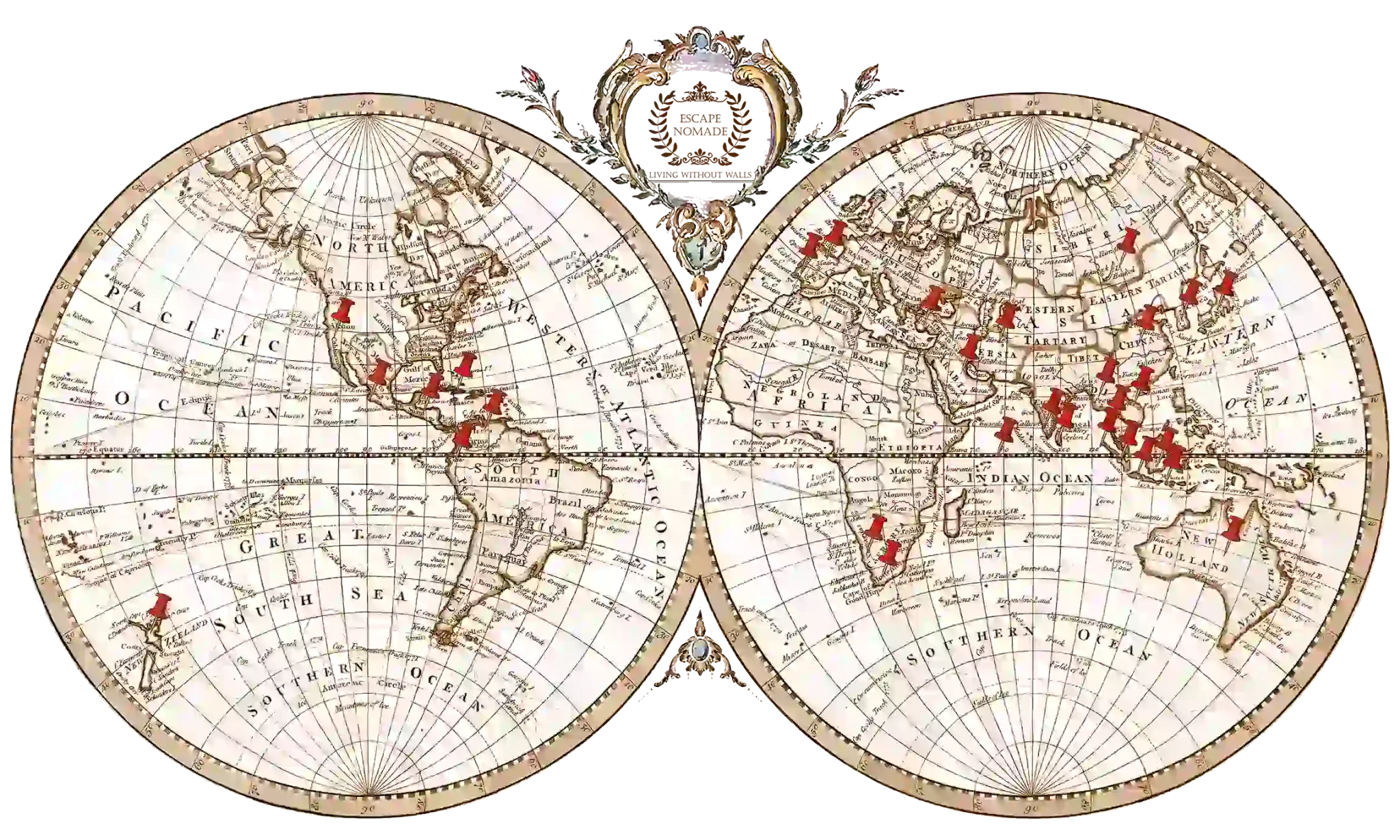 A vintage-style world map with red pins marking various locations across the globe as Escape Nomade projects.