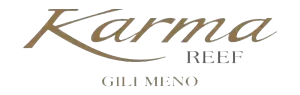 Karma Reef logo featuring elegant golden text highlighting luxury glamping in Gili Meno