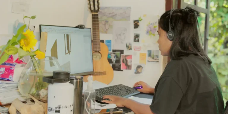 A person wearing headphones working on a computer, designing a structure, surrounded by personal decorations and a guitar in the background