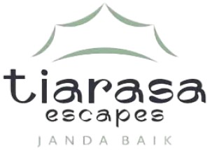 Tiarasa Escapes logo featuring green tent outlines and elegant text emphasizing eco-luxury at Janda Baik